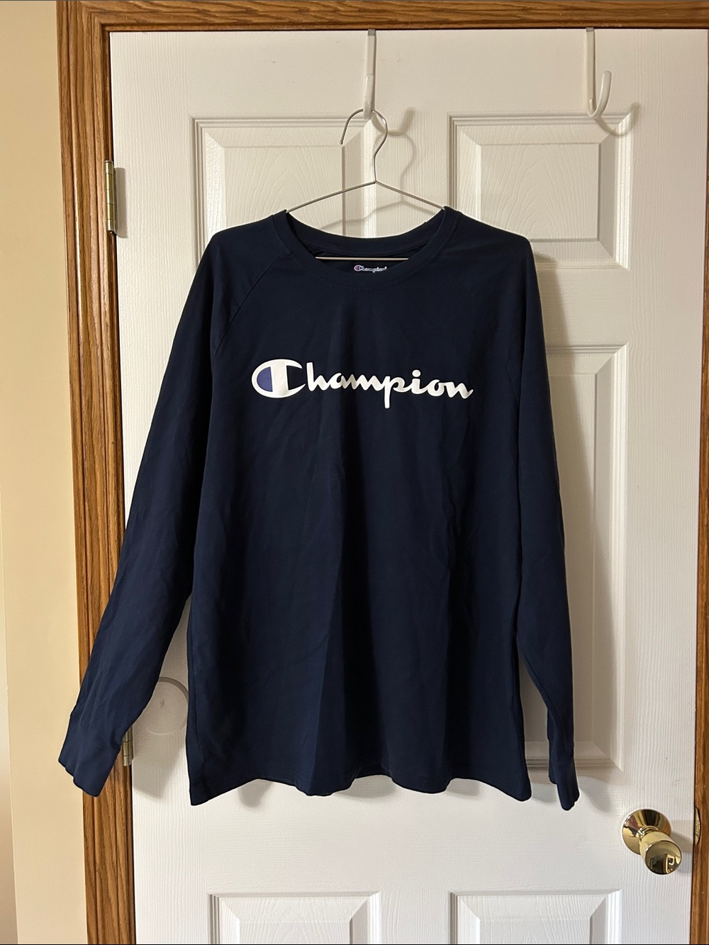 Champion Navy Long Sleeve Shirt with White Script Logo